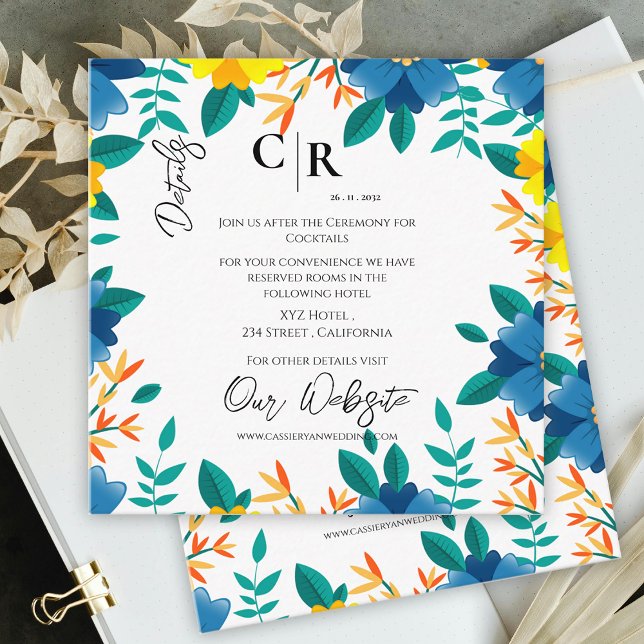 Information om BrightStor Blommigt Bröllop och Gul Tilläggskort (Bright Blue and Yellow Floral Wedding Details Enclosure Card)