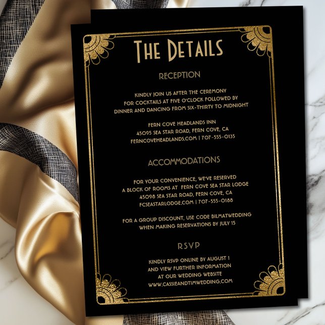 Information om Bröllop Blommigt för svart Guld Art Tilläggskort (Classy black and gold retro floral wedding details enclosure card)