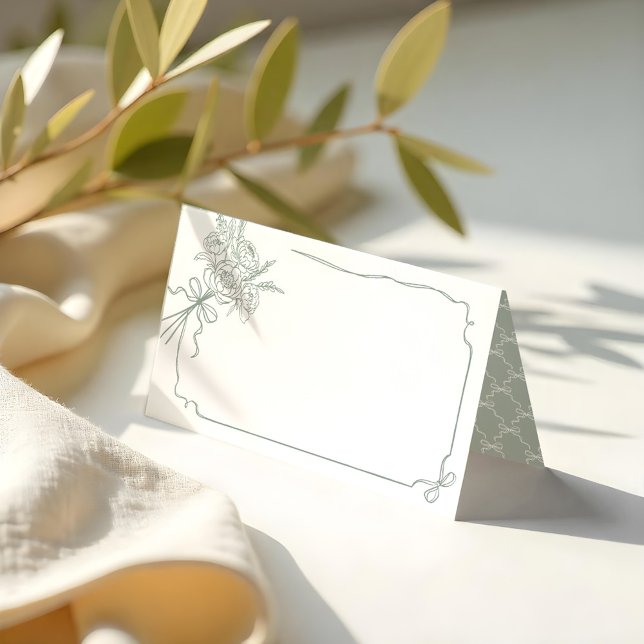 Information om bröllop Hand plockade Bow & Ribbon  Placeringskort (Wedding Details Hand Drawn Bow & Ribbon Bouquet Place Card)