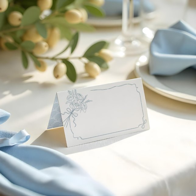 Information om bröllop Hand plockade Bow & Ribbon  Placeringskort (Wedding Details Hand Drawn Bow & Ribbon Bouquet Place Card)