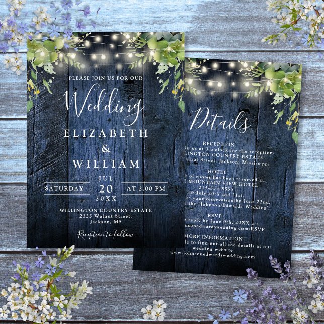 Information om Bröllop i Blue Wood String Light Gr Inbjudningar (Blue Wood String Light Greenery Details Wedding Invitation)