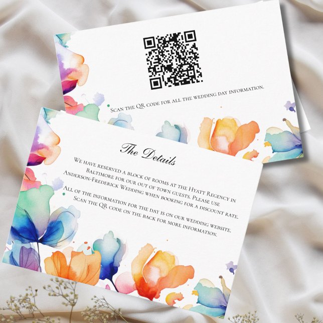 Information om Bröllop i med ljusfärgsfärg för Blo Tilläggskort (Bright Floral Watercolor Purple Blue Orange Wedding Details Enclosure Card with QR Code )