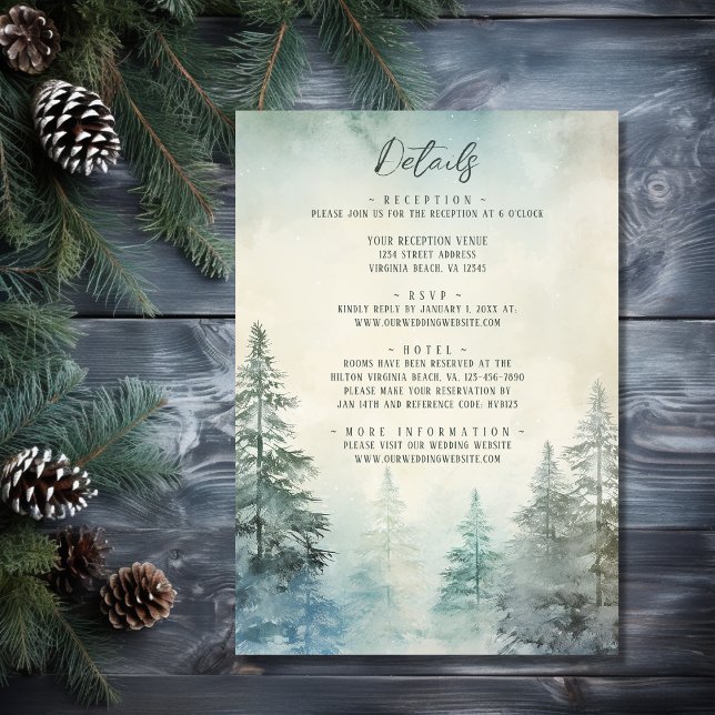 Information om Bröllop i skogsträtt i Gräs i Rusti Tilläggskort (Front - Rustic Winter Pine Forest Woodland Wedding Details Enclosure Card)