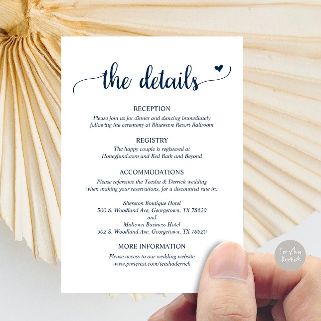 Information om bröllop, kort för Rustik skripthölj (Wedding Details, Rustic Script Enclosure Card, in Navy Blue)