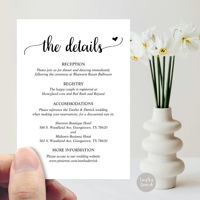 Information om bröllop, kort för Rustik skripthölj (Wedding Details, Rustic Script Enclosure Card, Black and White Version)
