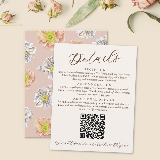Information om Bröllop och QR-kod för den fysiska  Tilläggskort (Pink watercolor floral wedding details card with QR Code.)