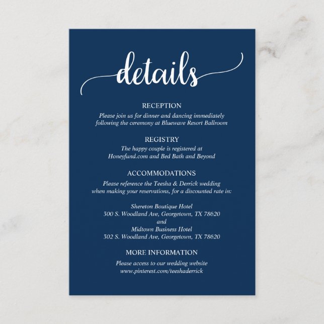 Information om bröllop, Rustic Navy Blue-skript Tilläggskort (Framsida)
