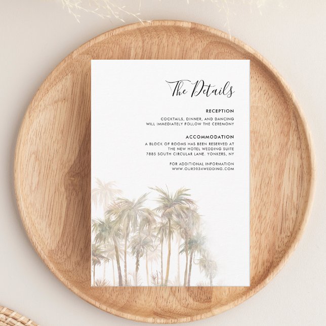 Information om bröllopsannonser i Handflatan Träd Tilläggskort (Palm Tree Tropical Beach Wedding Details Enclosure Card)