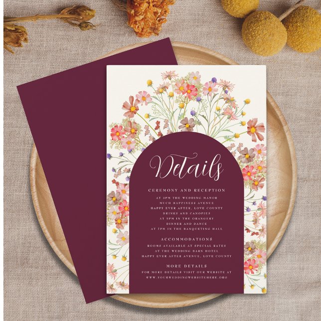 Information om Burgundy Boho Rustic Blommigt Arch  Tilläggskort (Burgundy and ivory cream boho fall rustic floral arch wedding details enclosure card Watercolor )