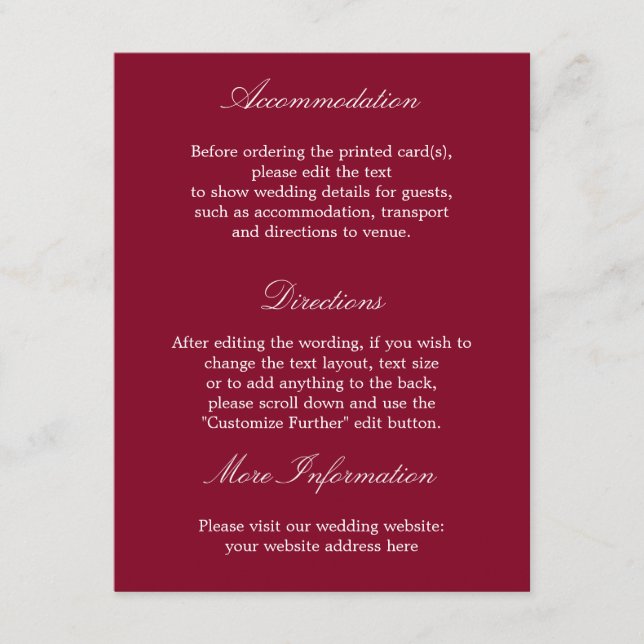 Information om Burgundy Bröllop-kort för elegant Tilläggskort (Framsida)