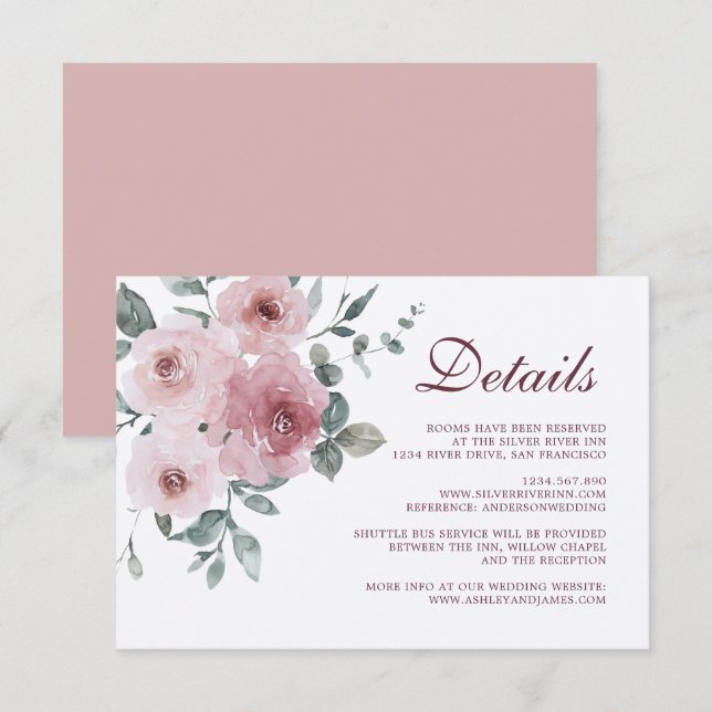 Information om Burgundy Dusty Rosa Blommigt Bröllo Tilläggskort (Fram/baksida)