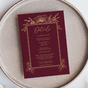 Information om Burgundy Guld Blommigt Simple Bröll Tilläggskort