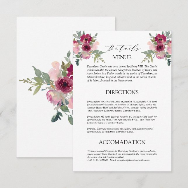 Information om Burgundy och  bouquet Bröllop Tilläggskort (Fram/baksida)