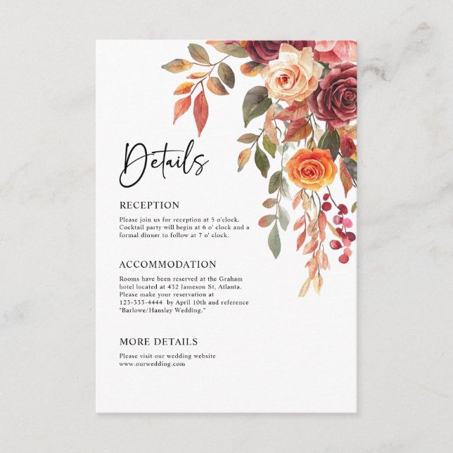 Information om Burgundy Orange Fall Elegant bröllo Tilläggskort (Framsida)