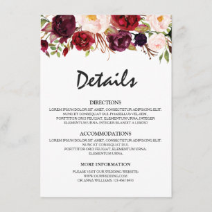 Information om Burgundy Red Blommigt Rustic Bröllo Tilläggskort
