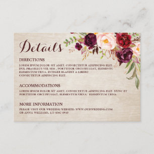 Information om Burgundy Red Blommigt Rustic Bröllo Tilläggskort