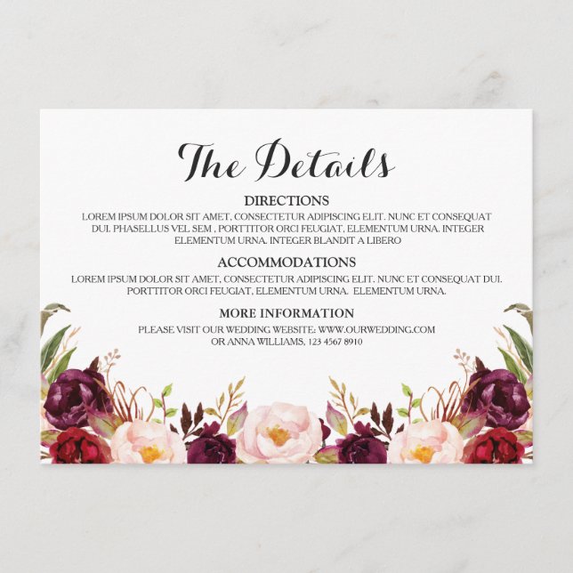 Information om Burgundy Red Blommigt Rustic Bröllo Tilläggskort (Framsida)