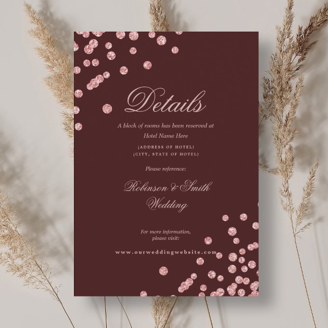 Information om Burgundy röd om ro Guld Confetti Br Tilläggskort (Rose Gold Confetti Wedding Details Burgundy red Enclosure Card)