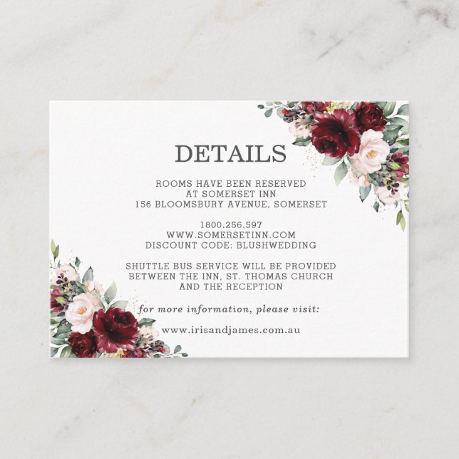 Information om Burgundy  Rosa Blommigt Bröllop Tilläggskort (Framsida)