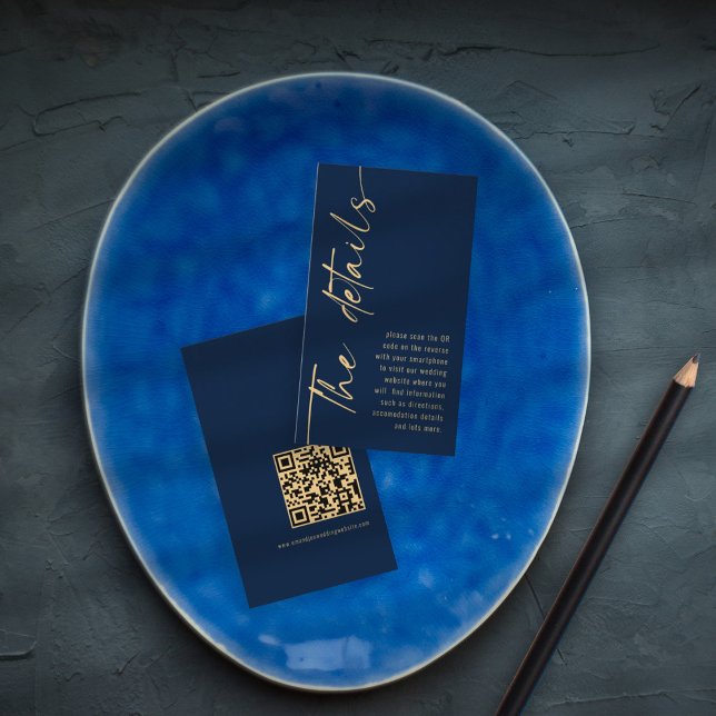 Information om Calligraphy Navy Blue Guld QR Code  Tilläggskort (Skapare uppladdad)