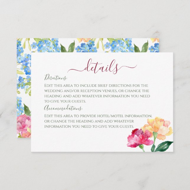 Information om Carnations & Glöm mig Nots Bröllop Tilläggskort (Fram/baksida)