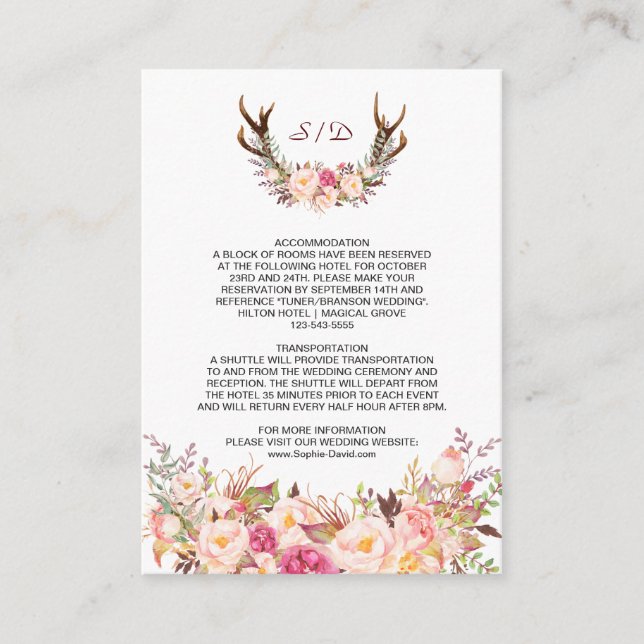 Information om Charm Rosa  Blommigt Antlers Bröllo Tilläggskort (Framsida)