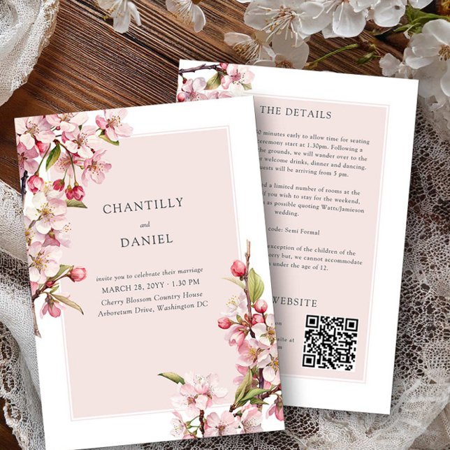 Information om Cherry Blommar Bröllop och webbplat Inbjudningar (Wedding invitation with details and qr code - Cherry Blossom Wedding Collection by Darling & May)