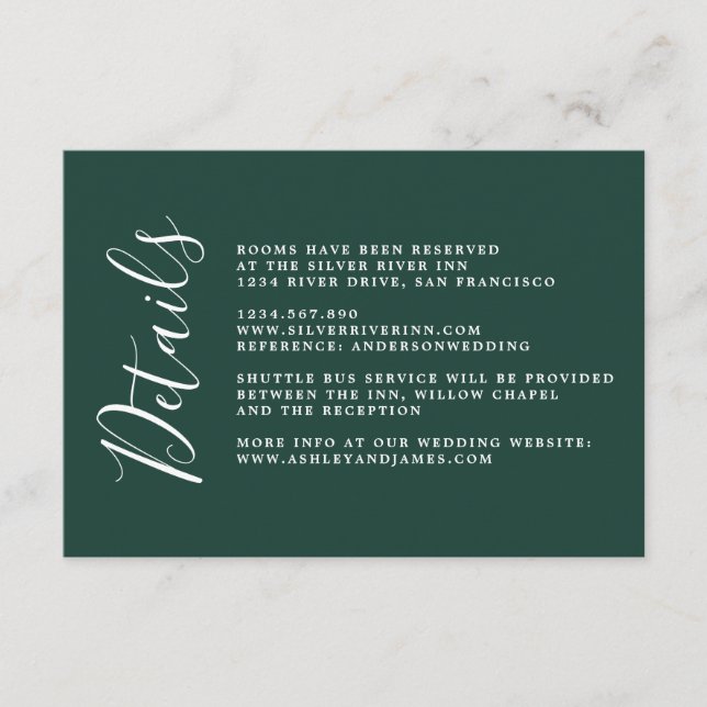 Information om chic Calligraphy Mörk grönt Bröllop Tilläggskort (Framsida)