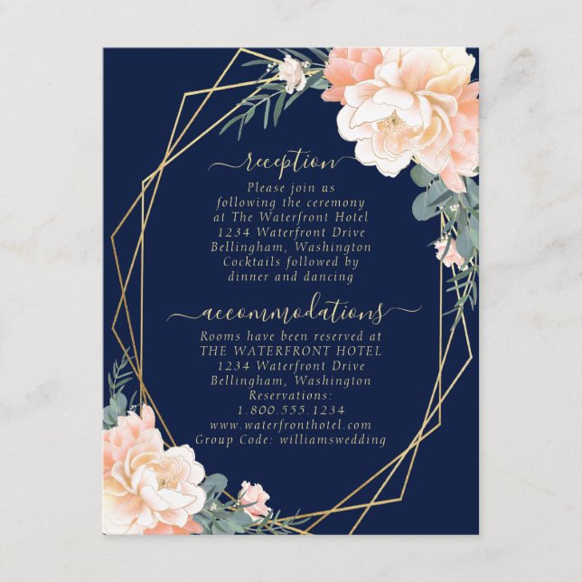 Information om chic Navy Blue Peach Blommigt Guld  Tilläggskort (Framsida)