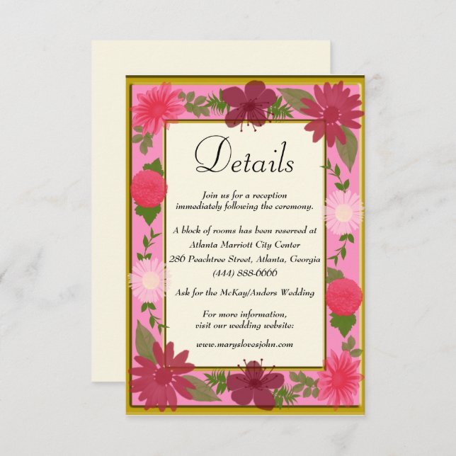 Information om chic Rosa Blommigt Botaniskt Bröllo Tilläggskort (Fram/baksida)