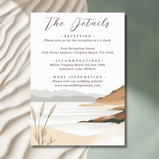 Information om Chicen för strutsfärg Bröllop Tilläggskort (Front - Coastal Chic Beach Watercolor Wedding Details Enclosure Card)