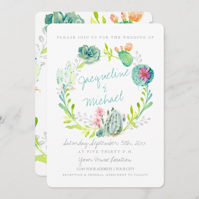 Information om deert Cactus Flower Succulent Water Inbjudningar (Fram/baksida)