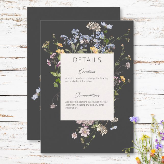 Information om den känsliga Boho Wildblommor Charc Tilläggskort (Delicate Boho Wildflowers Charcoal Details Enclosure Card)