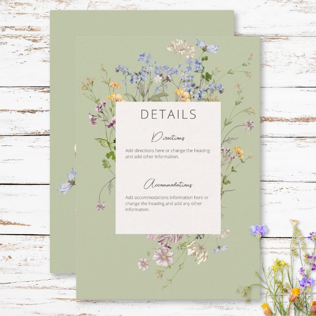 Information om den känsliga Grönten Boho Wildblomm Tilläggskort (Delicate Boho Wildflowers Green Details Enclosure Card)