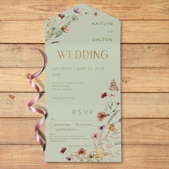 Information om den moderna Grönten WildblomBouquet (Modern Sage Green Wildflower Bouquet Details All In One Invitation)