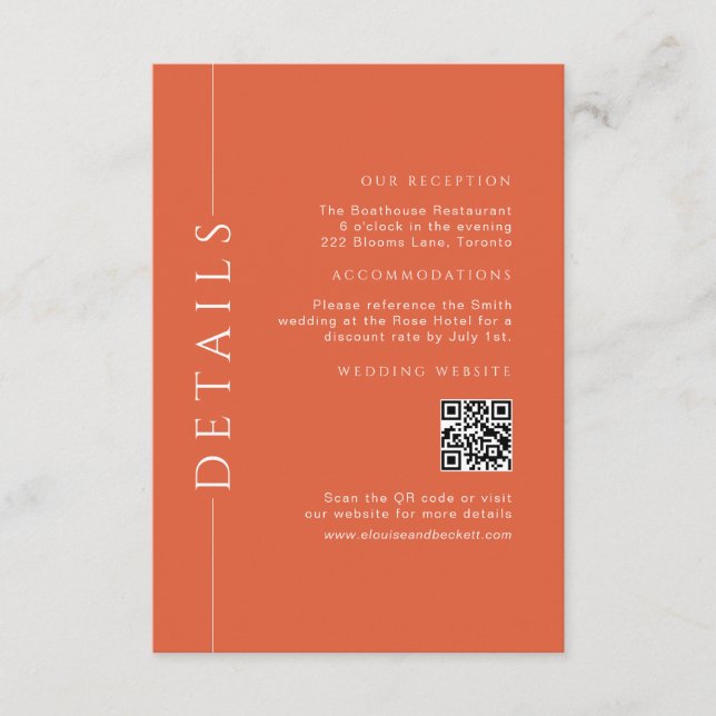 Information om den moderna Roligten Orange Bröllop Tilläggskort (Framsida)