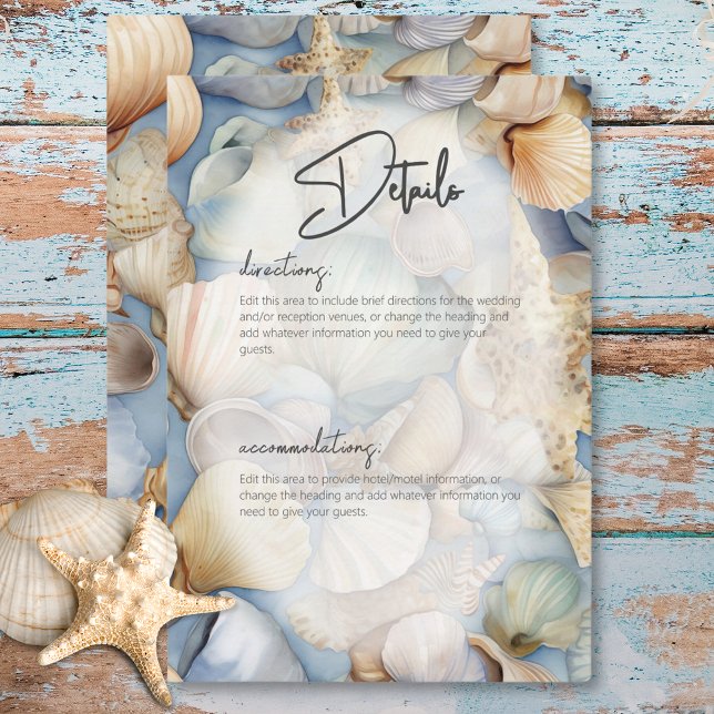 Information om den tropiska segelscenen Modern Brö Tilläggskort (Tropical Seashells Scene Modern Wedding Details Enclosure Card)