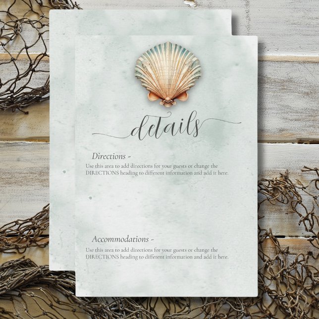 Information om det moderna kustnära havsområdet Aq Tilläggskort (Modern Coastal Seashell Aqua Wedding Details Enclosure Card)