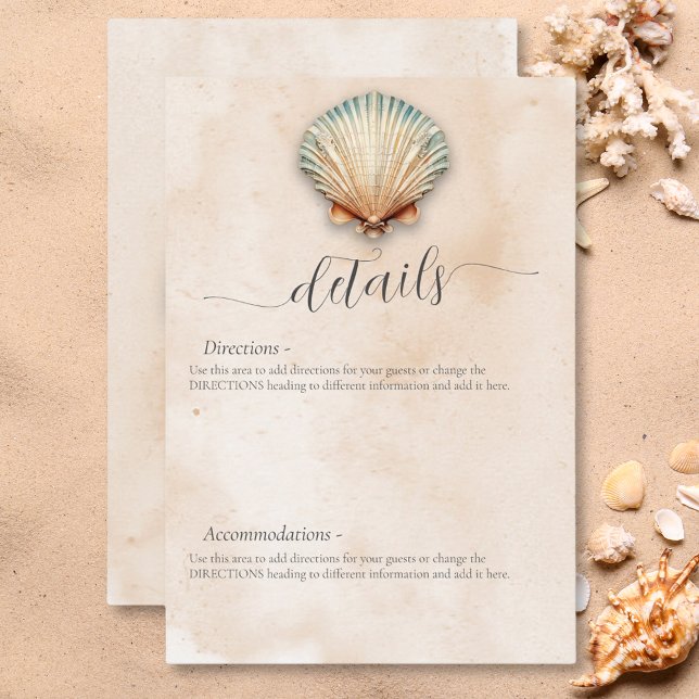 Information om det moderna kustnära Seashell Sand  Tilläggskort (Modern Coastal Seashell Sand Wedding Details Enclosure Card)
