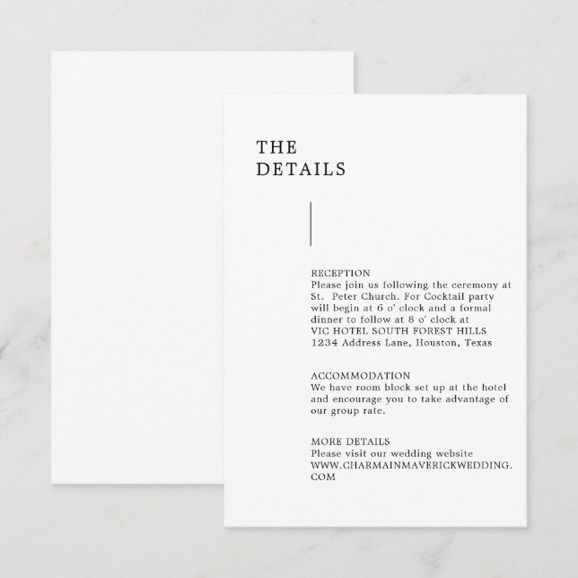 Information om det moderna minimalistiska Bröllop Tilläggskort (Fram/baksida)