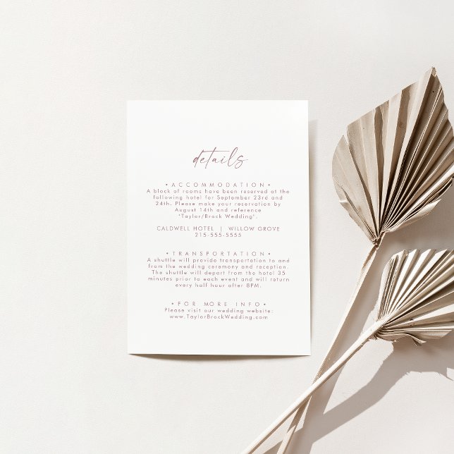 Information om det moderna Ro Guld-skriptet Minima Tilläggskort (Modern Rose Gold Script Minimal Wedding Details Enclosure Card)