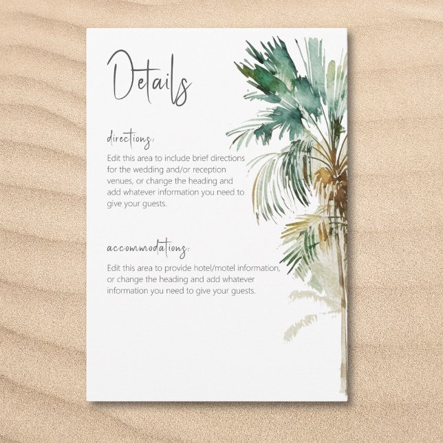 Information om det tropiska Handflatan Träd Modern Tilläggskort (Tropical Palm Trees Modern Wedding Details Enclosure Card)