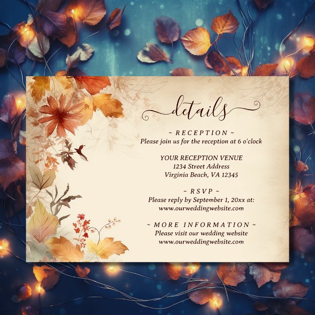 Information om det vackra hösten Löv-blomman Tilläggskort (Front - Beautiful Autumn Leaf Flower Fall Wedding Details Enclosure Card)