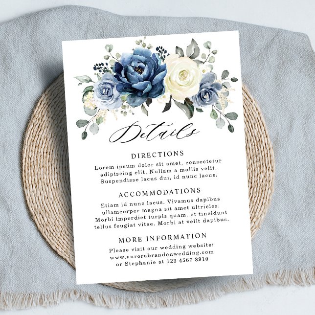 Information om Dusty Blue Navy Champagne Ivory Brö Tilläggskort (Dusty Blue Navy Champagne Ivory Wedding Details Enclosure Card)