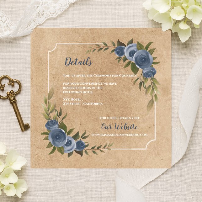 Information om Dusty Blue Ro Rustic Kraft Bröllop Tilläggskort (Dusty Blue Rose Rustic Kraft Wedding Details Enclosure Card)