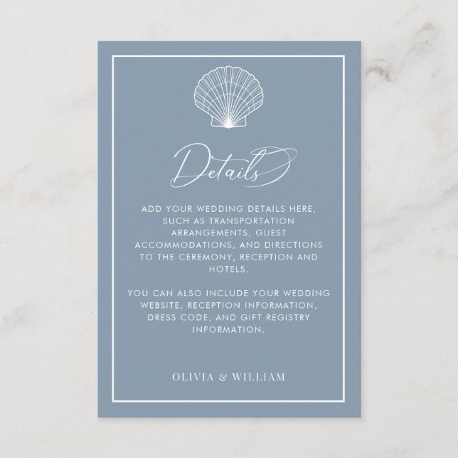 Information om Dusty Blue Seashell Beach Wedding Tilläggskort (Framsida)