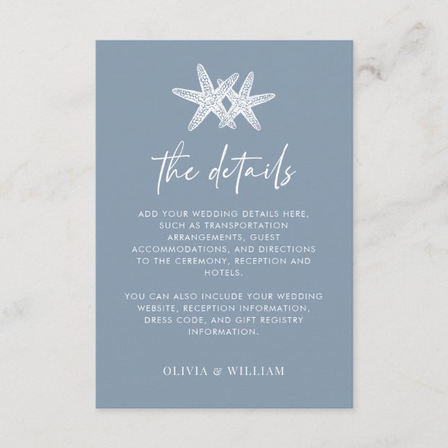 Information om Dusty Blue Starfish Beach Wedding Tilläggskort (Framsida)