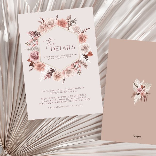 Information om Dusty Ro Boho Pampas Blommigt Bröll Tilläggskort (Boho Dusty Pink Floral Wreath Wedding Details Enclosure Card)