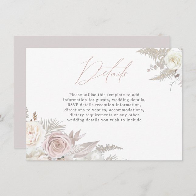 Information om Dusty Ro & Ivory Elegant bröllop Tilläggskort (Fram/baksida)