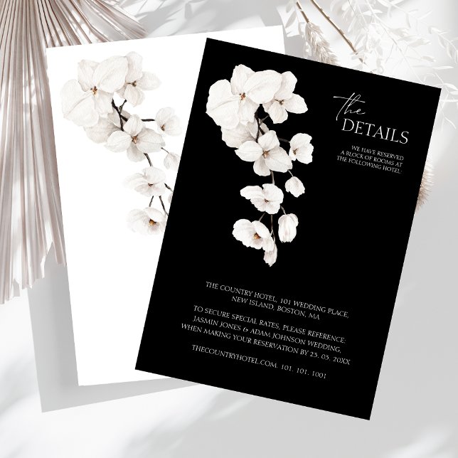 Information om elegant Black and White Orchid Bröl Tilläggskort (Modern Black and White Orchids Flowers Wedding Details Card)